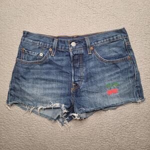 Levis 501 Shorts Womens 27 Blue Denim Cutoff Raw Hem Cherry Embroidered Boho